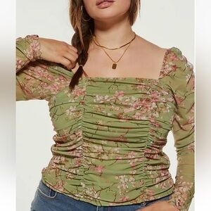 Anthropologie Maeve Tulle Smocked Mesh Long Sleeve Blouse Top Green Floral SZ 1X